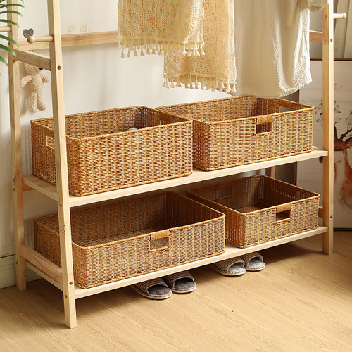 藤编客厅电视柜抽屉式开放格子架