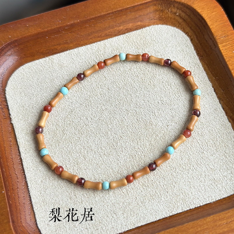 夏季女士文玩手串天然绿松石南红石榴石竹节橄榄核极细手链极简