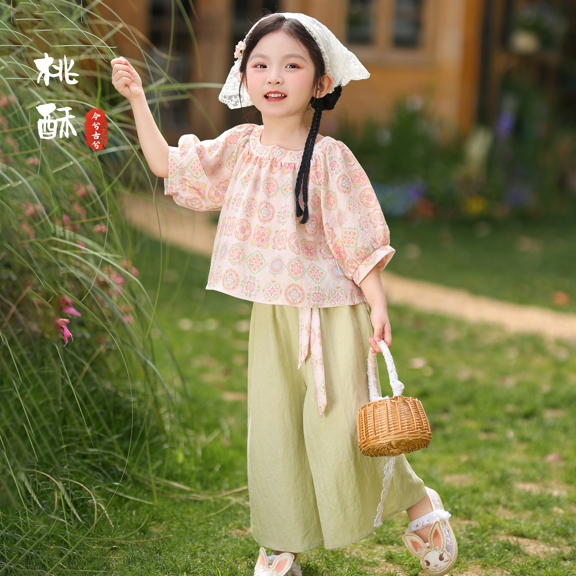 今兮古兮桃酥女童新中式夏季短袖汉服儿童休闲中国风防蚊裤套装