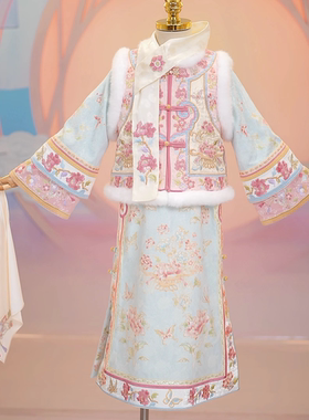 朝童宝韵粉彩冬女童格格服中国风刺绣汉服儿童古装旗袍宫廷风年服