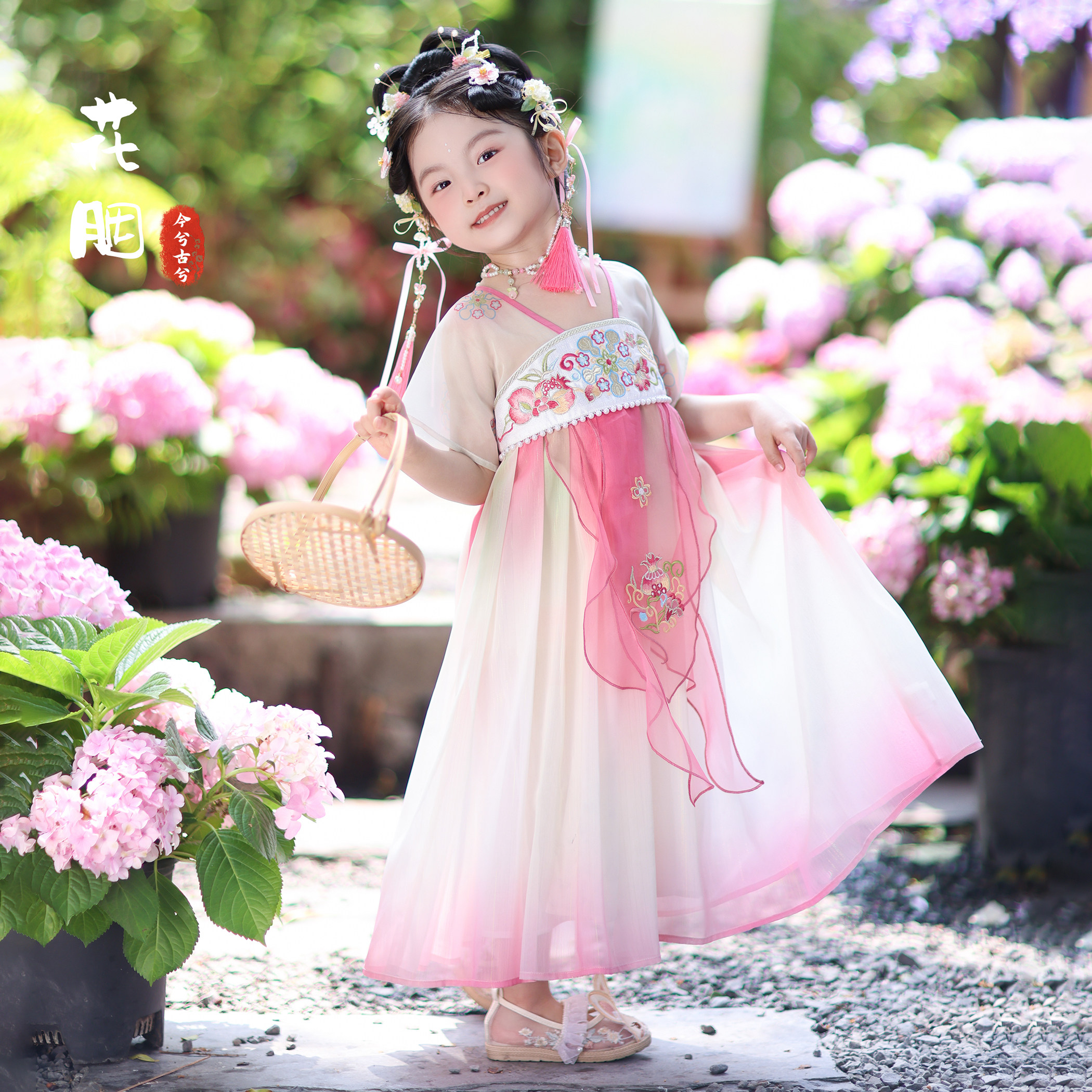 今兮古兮花胭女童夏短袖中国风石榴花汉服齐胸襦裙超仙公主连衣裙