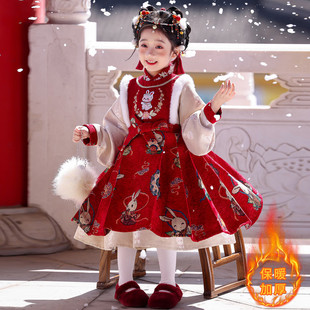 玉兔年服女童冬装中国风汉服儿童拜年服洋气加厚保暖古风连衣裙