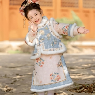 女童冬装新品加厚格格服套装清朝古装长袖马甲两件套中国风旗袍裙