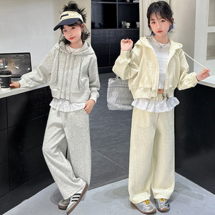 女童2025春秋新品 衛衣外套運動開衫 直筒長褲 兩件套 連帽拉鏈短款
