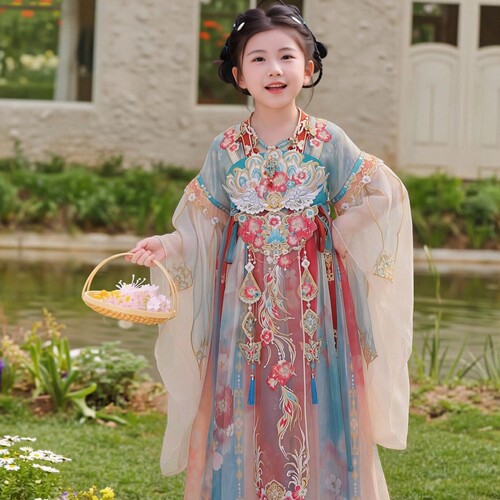 女童秋绣花汉服连衣裙斗篷披肩