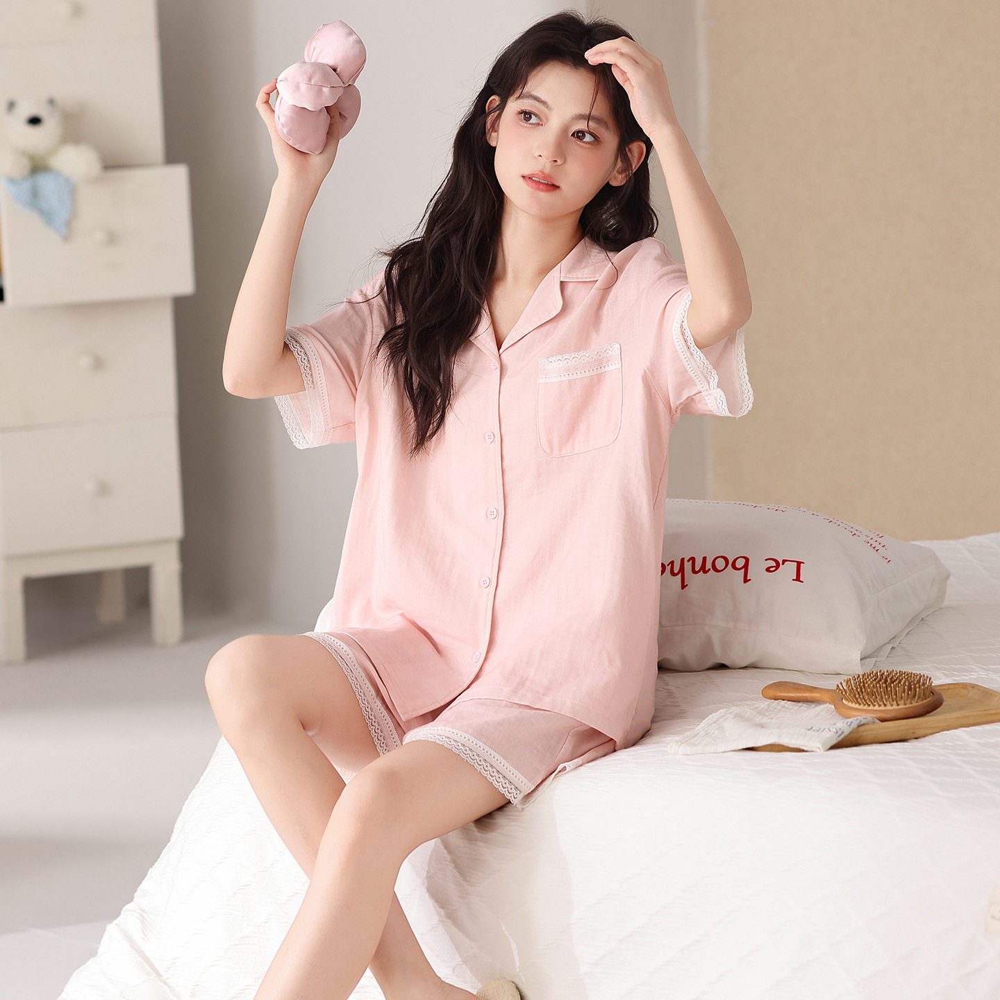 纯棉睡衣女款2026年夏季短袖翻领开衫纯色套装休闲简约短裤家居服