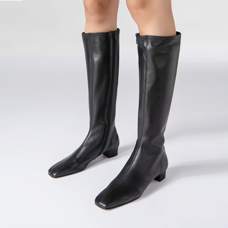 时装靴低跟2021新款高筒方头英伦侧拉链不过膝牛皮黑色女靴,女鞋,时装靴,淘宝优惠券,粉丝福利购,淘宝优惠卷