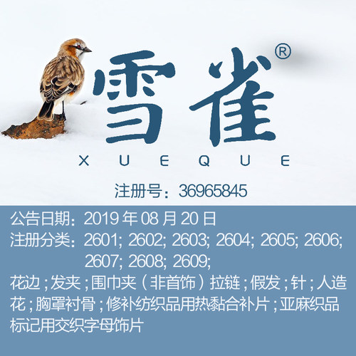 26类《雪雀》头饰饰品花边发夹发卡针人造花刺绣品品牌商标出售
