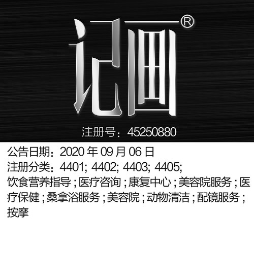 44类《记画》医疗咨询;桑拿浴服务;美容院;动物清洁;按摩商标出售