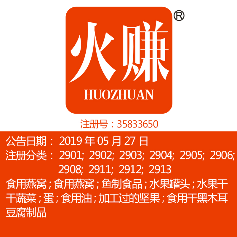 29类《火赚》食品特产燕窝豆腐制品食用菌牛奶食用油坚果商标出售