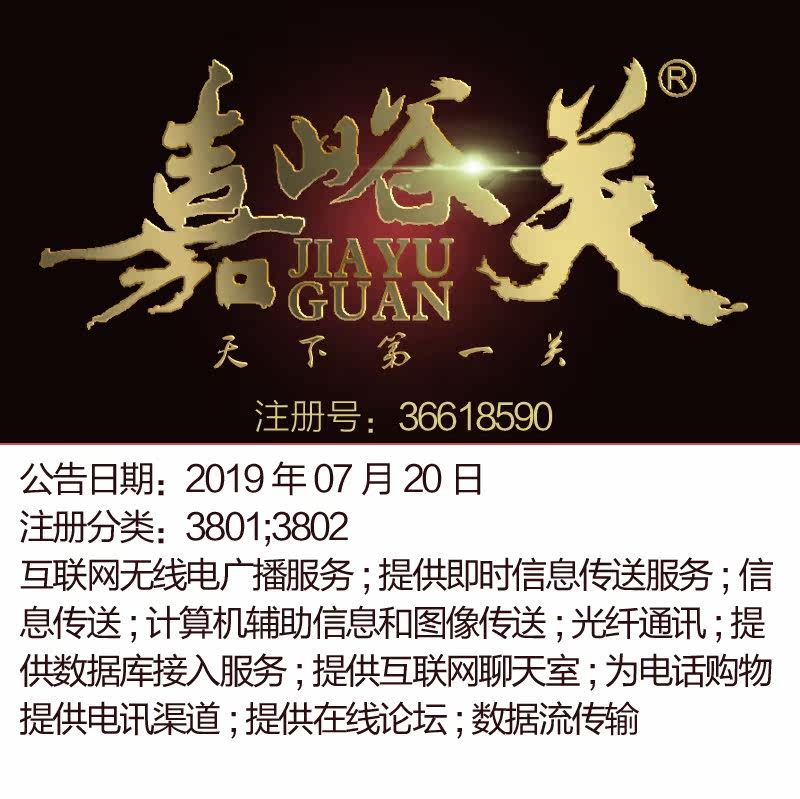 38类《嘉峪关》互联网光纤通讯数据库网聊天室数据流传输商标出售