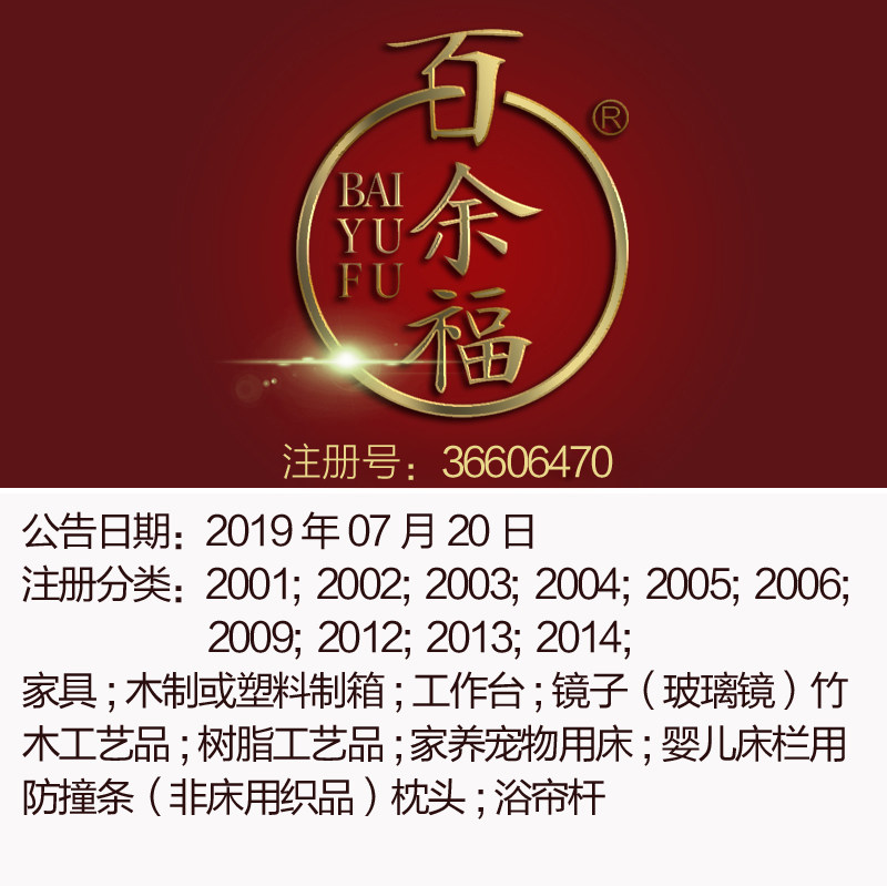 20类《百余福》家具门百叶帘软垫画框工艺品百叶帘品牌商标出售