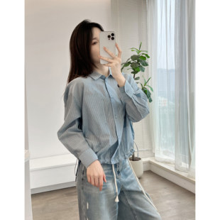 薄款 现货 欧洲站 389 外套 E610 条纹立领下摆抽绳显瘦衬衫 米娜家