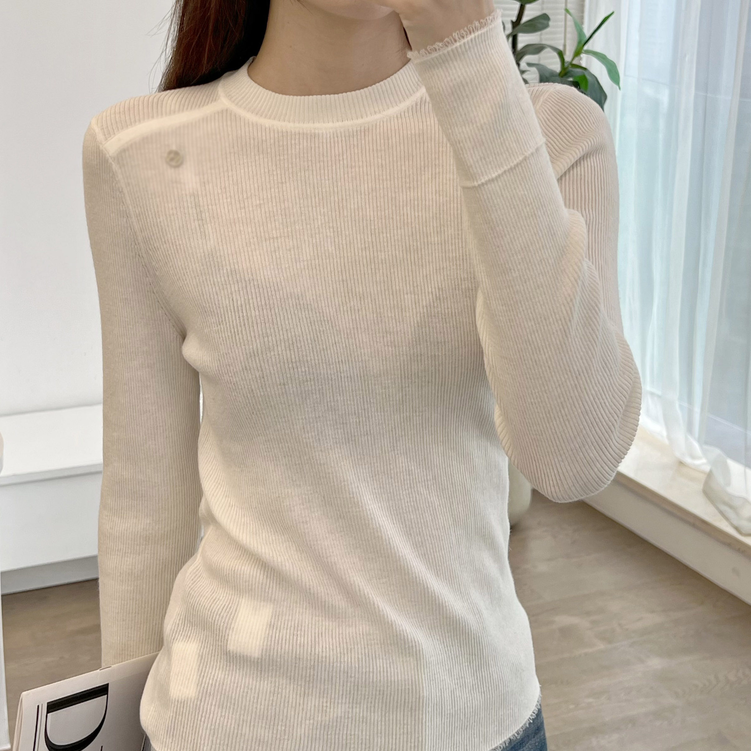 米娜家 欧洲站 金属小标毛边下摆时尚含羊毛针织衫女 E544 514