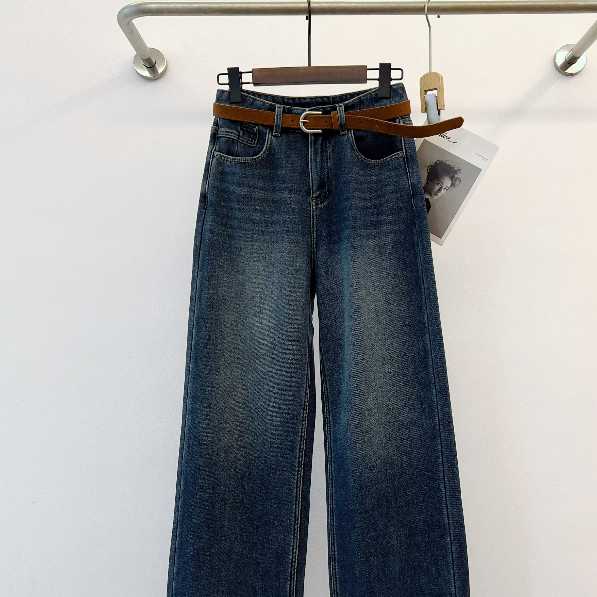 米娜家 欧洲站 加绒秋冬磨白设计显瘦直筒休闲牛仔裤女 E544 518