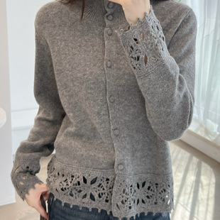 欧洲站 E547 2025新款 女 203 高领镂空钩花百搭羊毛开衫 米娜家