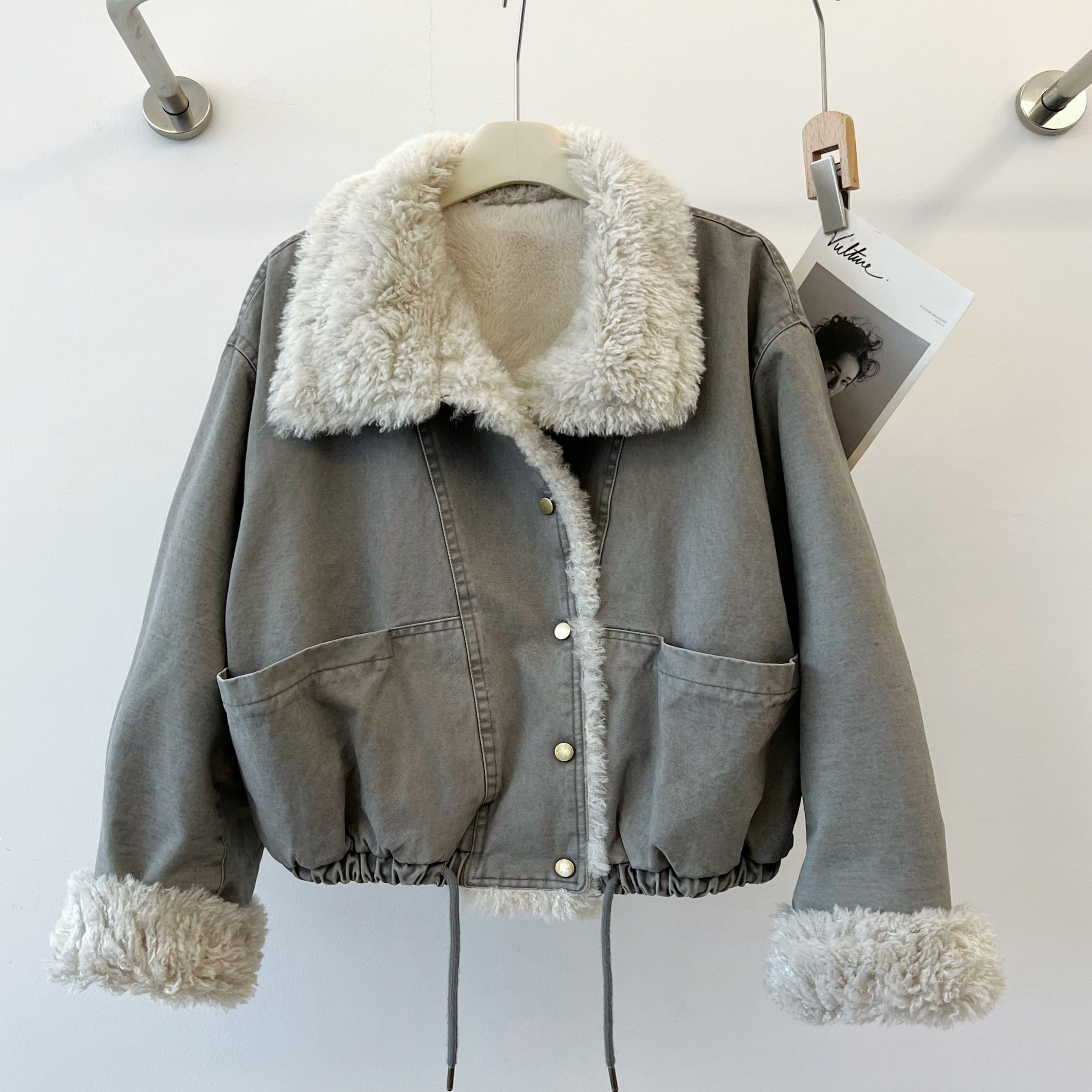 米娜家 欧洲站 现货 25美式复古毛绒内里百搭宽松短外套 E550 221,女装/女士精品,短外套,淘宝优惠券,粉丝福利购,淘宝优惠卷