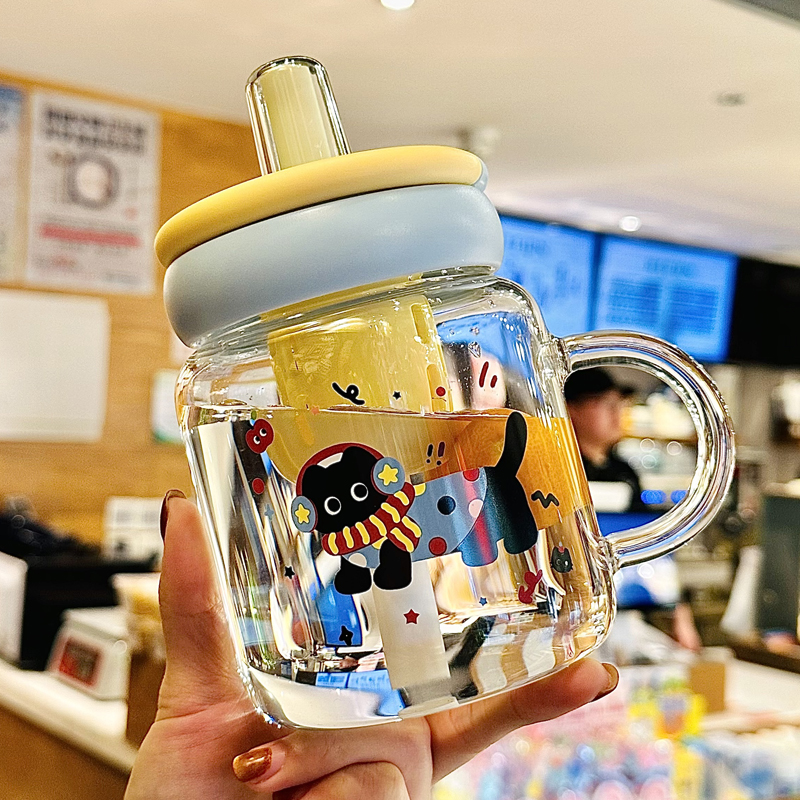 办公室泡茶杯子高硼硅玻璃吸管杯