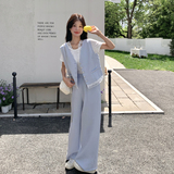 蓝色盐甜系穿搭减龄蕾丝马甲套装女夏新款时尚洋气t恤长裤三件套，女装套装/套裙，2C153
