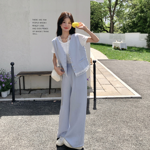 蓝色盐甜系穿搭减龄蕾丝马甲套装女夏新款时尚洋气t恤长裤三件套图片