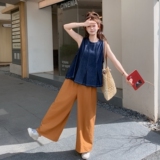 复古牛仔背心套装女2025夏新款独特无袖上衣高腰显瘦阔腿裤两件套，女装套装/套裙，2C153
