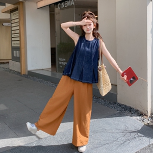 复古牛仔背心套装女2025夏新款独特无袖上衣高腰显瘦阔腿裤两件套图片
