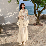 浅卡其色韩版一整套老钱风西装套装裙女2025夏季新款半身裙两件套，女装套装/套裙，2C153