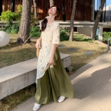 设计感不规则T恤套装女2025夏新款时尚韩系休闲减龄阔腿裤两件套，女装套装/套裙，2C153