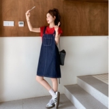 学院风牛仔背带裙女2025夏新款洋气减龄红色T恤小个子，女装连衣裙，2C153