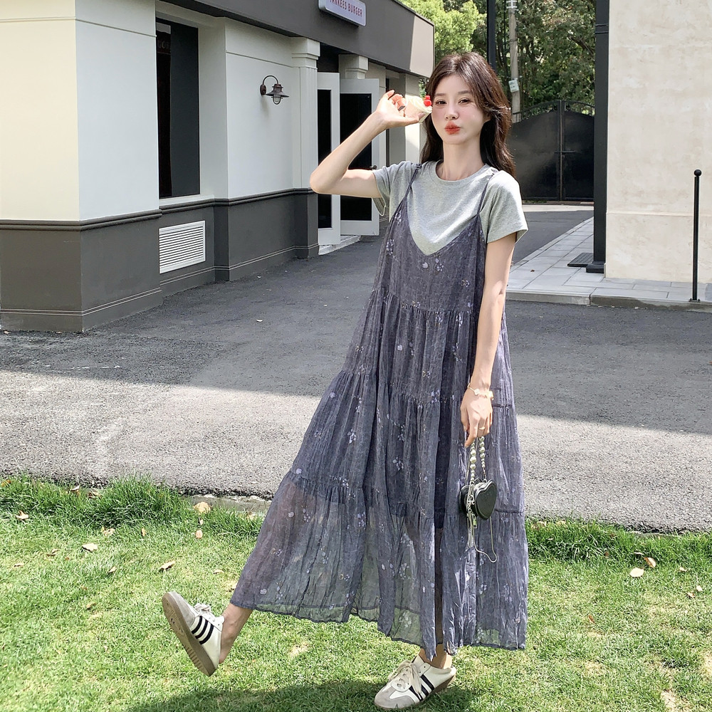 减龄T恤法式吊带连衣裙女夏2025新款小众宽松显瘦高级感长裙,女装连衣裙,2C153