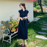 港风复古深蓝色牛仔连衣裙女夏季新款韩版收腰显瘦蕾丝拼接衬衫裙，女装连衣裙，2C153