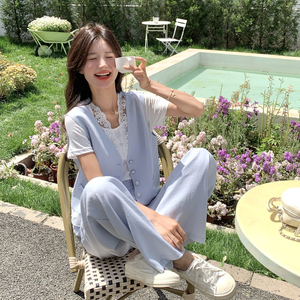 蕾丝花边浅蓝色马甲短袖T恤套装裤女夏2025新款ootd高级感三件套图片