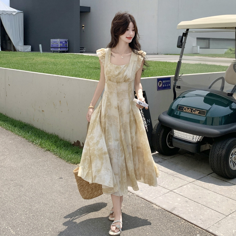 夏日小清新浪漫度假风印花连衣裙女2025夏季新款高腰显瘦绝美长裙,女装连衣裙,2C153