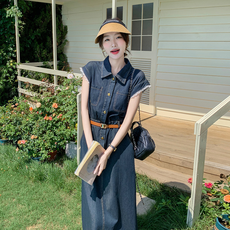 港风复古深蓝色牛仔连衣裙女夏季新款韩版收腰显瘦蕾丝拼接衬衫裙,女装连衣裙,2C153