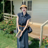 港风复古深蓝色牛仔连衣裙女夏季新款韩版收腰显瘦蕾丝拼接衬衫裙，女装连衣裙，2C153