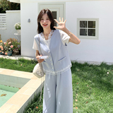 蓝色盐甜系穿搭减龄蕾丝马甲套装女夏新款时尚洋气t恤长裤三件套，女装套装/套裙，2C153