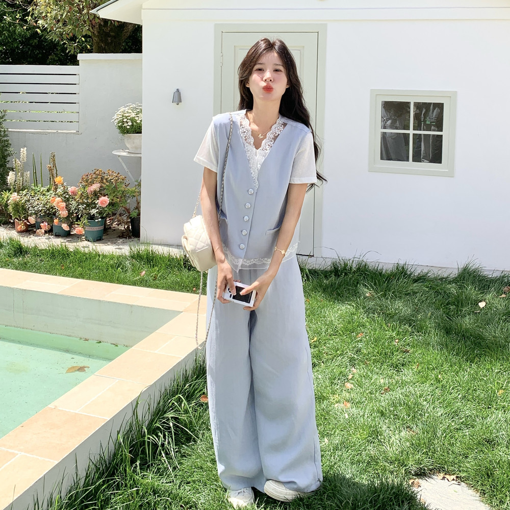 蕾丝花边浅蓝色马甲短袖T恤套装裤女夏2025新款ootd高级感三件套,女装套装/套裙,2C153