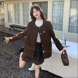 咖色短款格纹小香风毛呢外套女秋冬超火好看高级小众加厚夹克上衣，女装毛呢外套，2C153