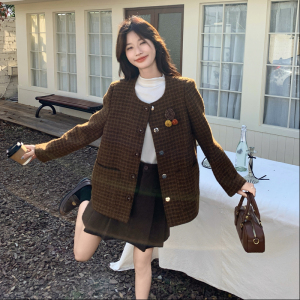 咖色短款格纹小香风毛呢外套女秋冬超火好看高级小众加厚夹克上衣图片