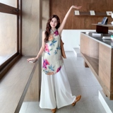 新中式国风印花无袖上衣套装女2025夏季新款复古气质阔腿裤两件套，女装套装/套裙，2C153