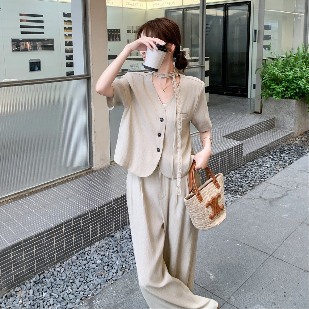 韩系超火薄款短袖西装套装女夏日高级感两件套ootd流行爆款洋气,女装套装/套裙,2C153