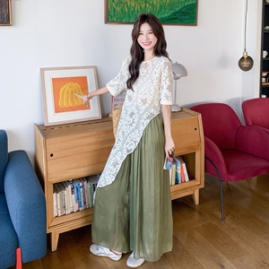 设计感不规则T恤套装女2025夏新款时尚韩系休闲减龄阔腿裤两件套图片
