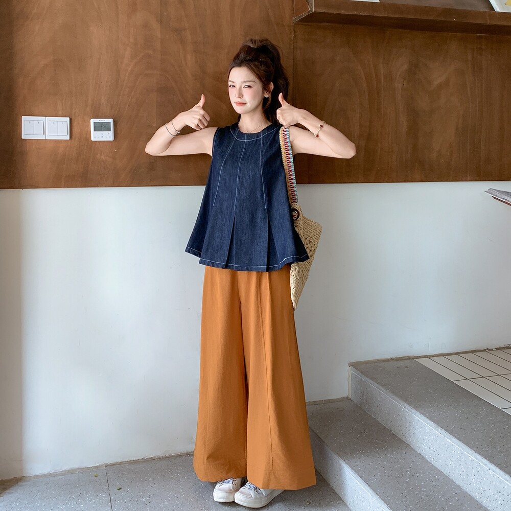 复古牛仔背心套装女2025夏新款独特无袖上衣高腰显瘦阔腿裤两件套,女装套装/套裙,2C153