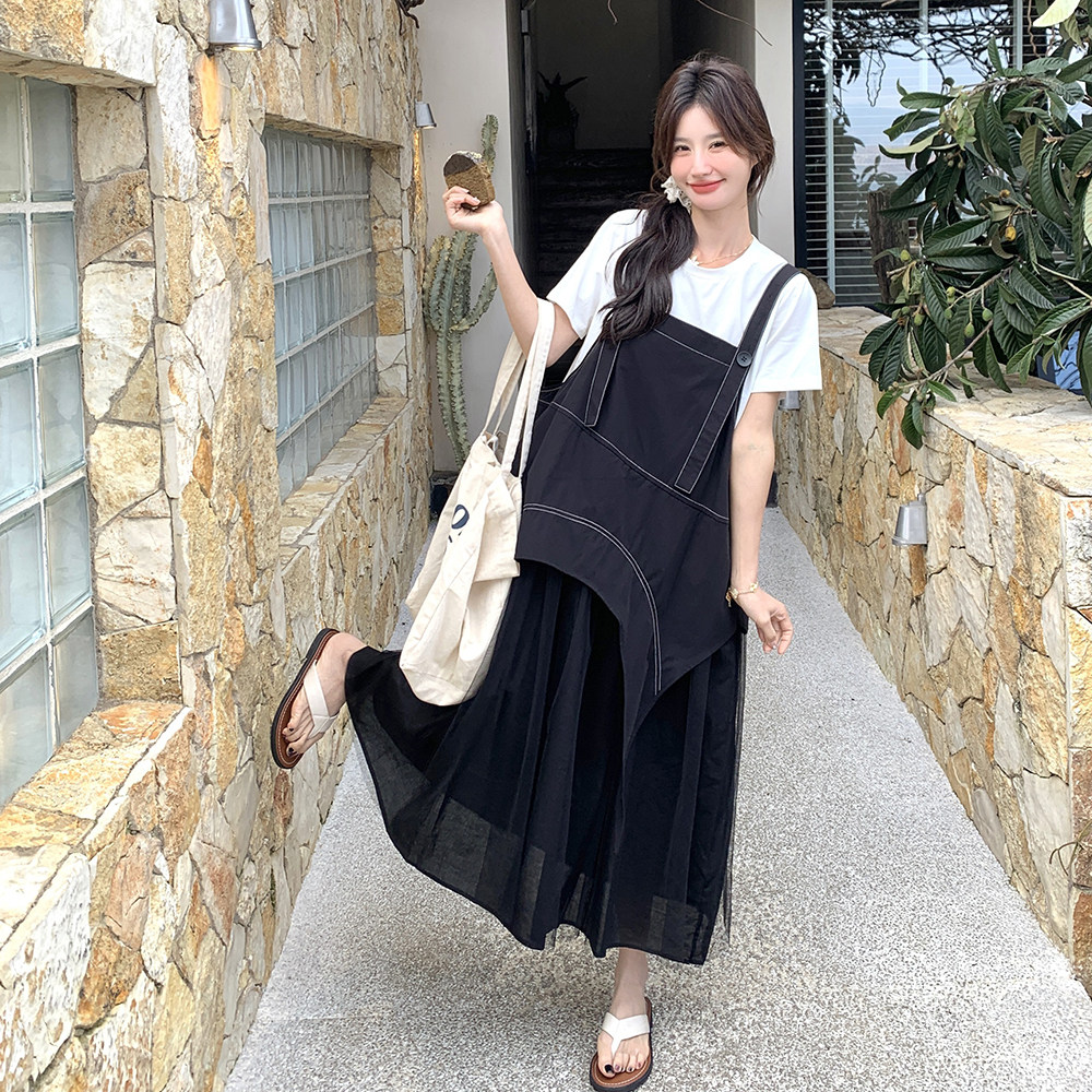 设计感网纱拼接背带连衣裙女2025夏新款韩系宽松百搭小个子两件套,女装连衣裙,2C153