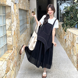 设计感网纱拼接背带连衣裙女2025夏新款韩系宽松百搭小个子两件套，女装连衣裙，2C153