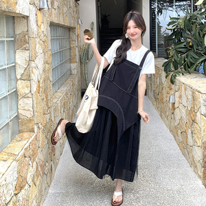 设计感网纱拼接背带连衣裙女2025夏新款韩系宽松百搭小个子两件套图片