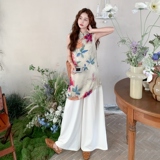 新中式国风印花无袖上衣套装女2025夏季新款复古气质阔腿裤两件套，女装套装/套裙，2C153