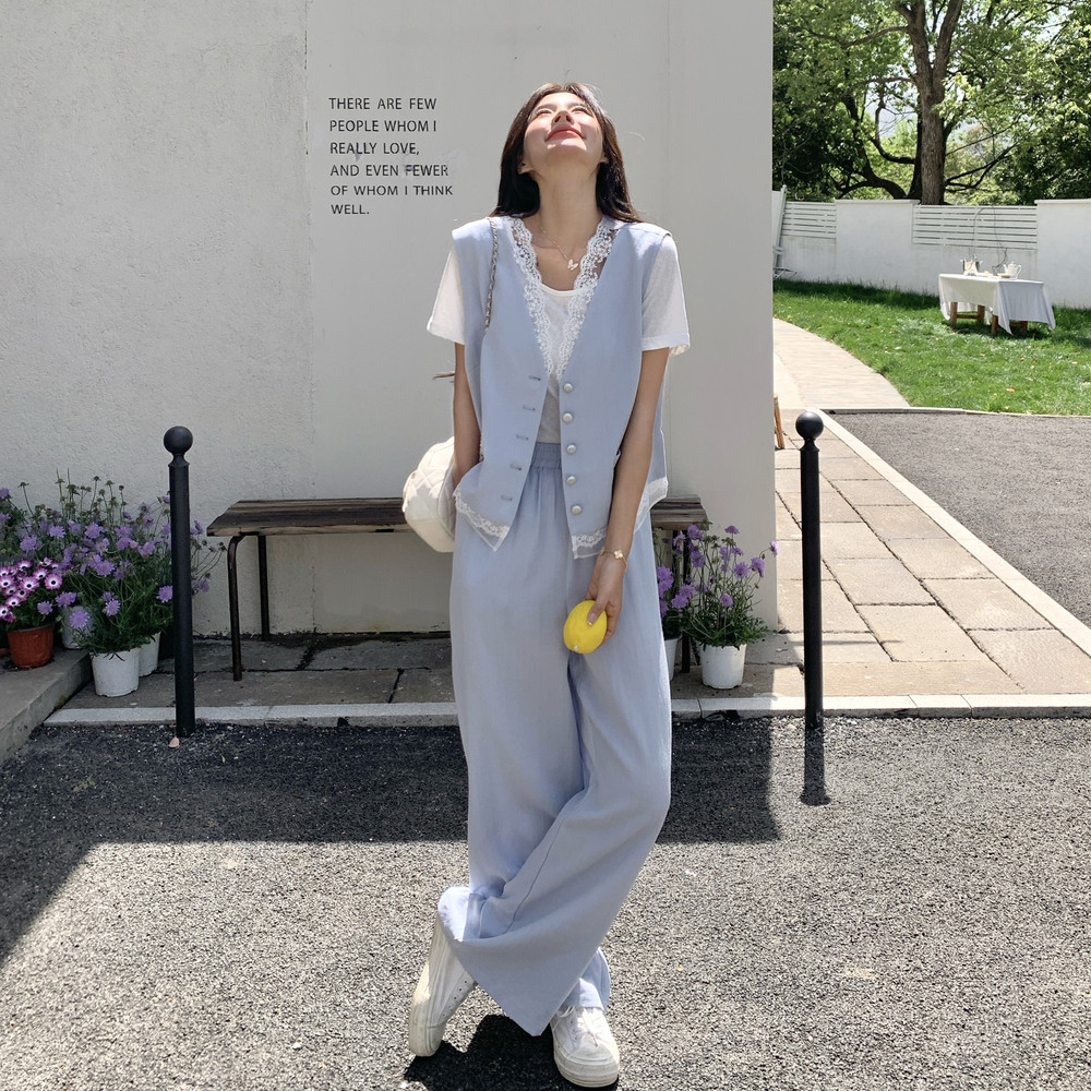 蓝色盐甜系穿搭减龄蕾丝马甲套装女夏新款时尚洋气t恤长裤三件套,女装套装/套裙,2C153