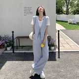 蓝色盐甜系穿搭减龄蕾丝马甲套装女夏新款时尚洋气t恤长裤三件套，女装套装/套裙，2C153