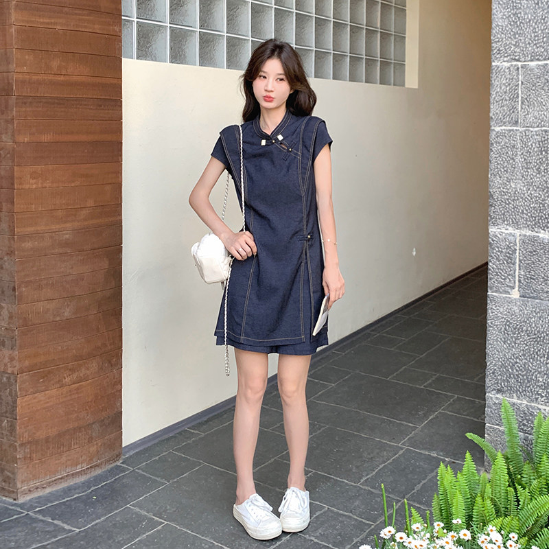 国风新中式牛仔套装裙女夏时尚洋气两件套装时髦洋气小个子旗袍款,女装套装/套裙,2C153